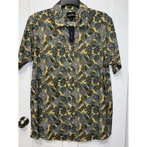 NWT Cremieux Premium Denim Mens XLT Yellow Paisley Short Sleeve Button Shirt